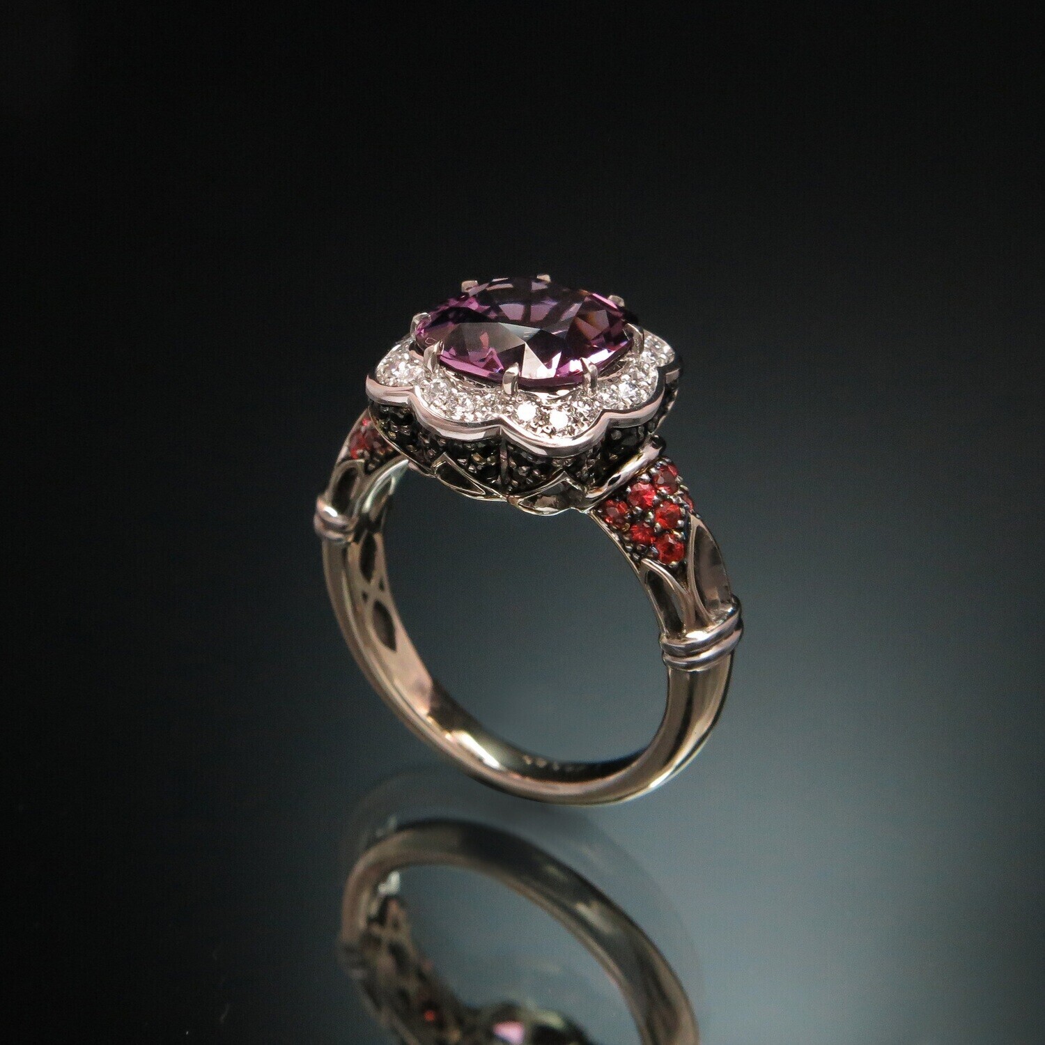 18K Gold Ring with Pink Spinel, White and Black Diamonds CGS