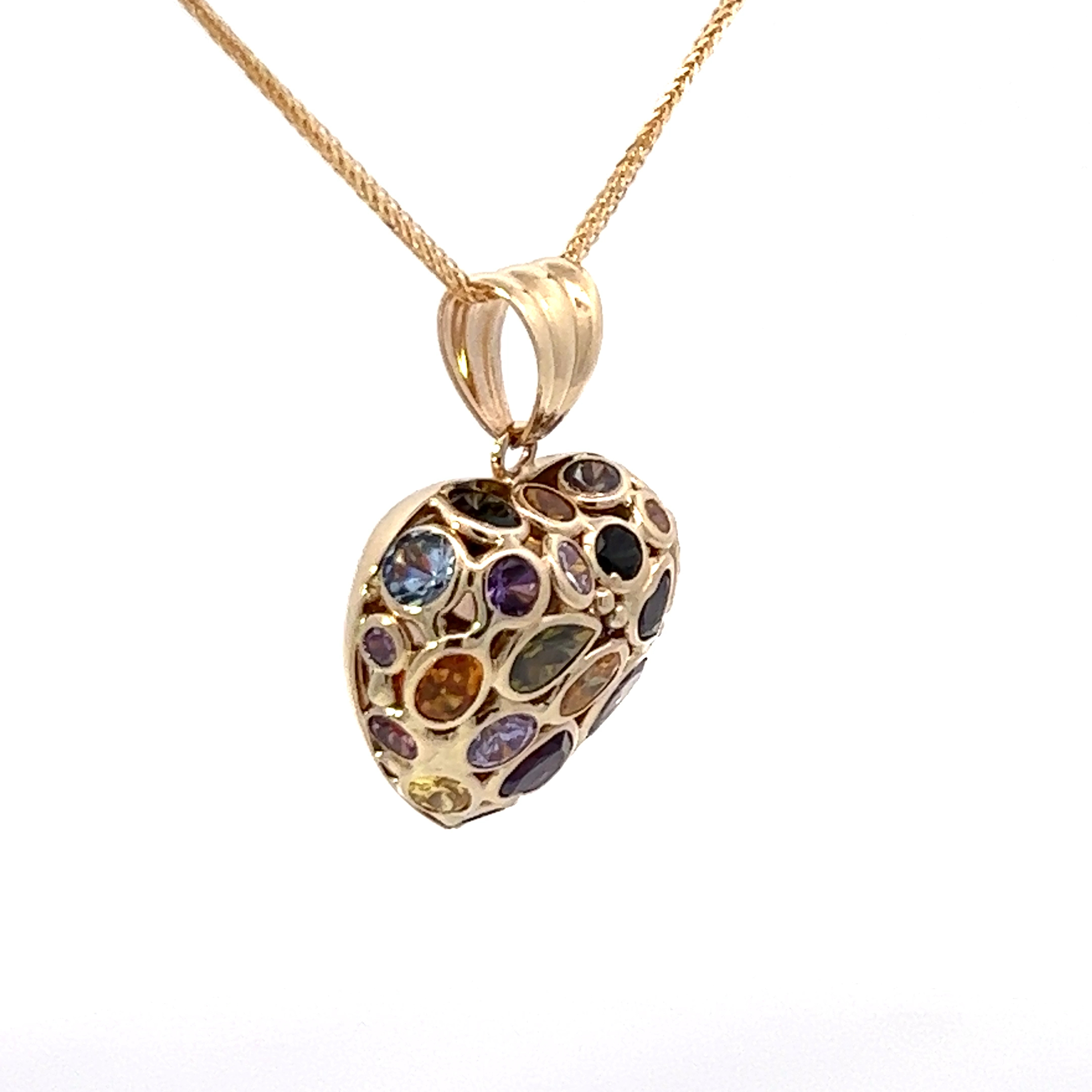 14K yellow gold, multi-color heart shaped pendant
