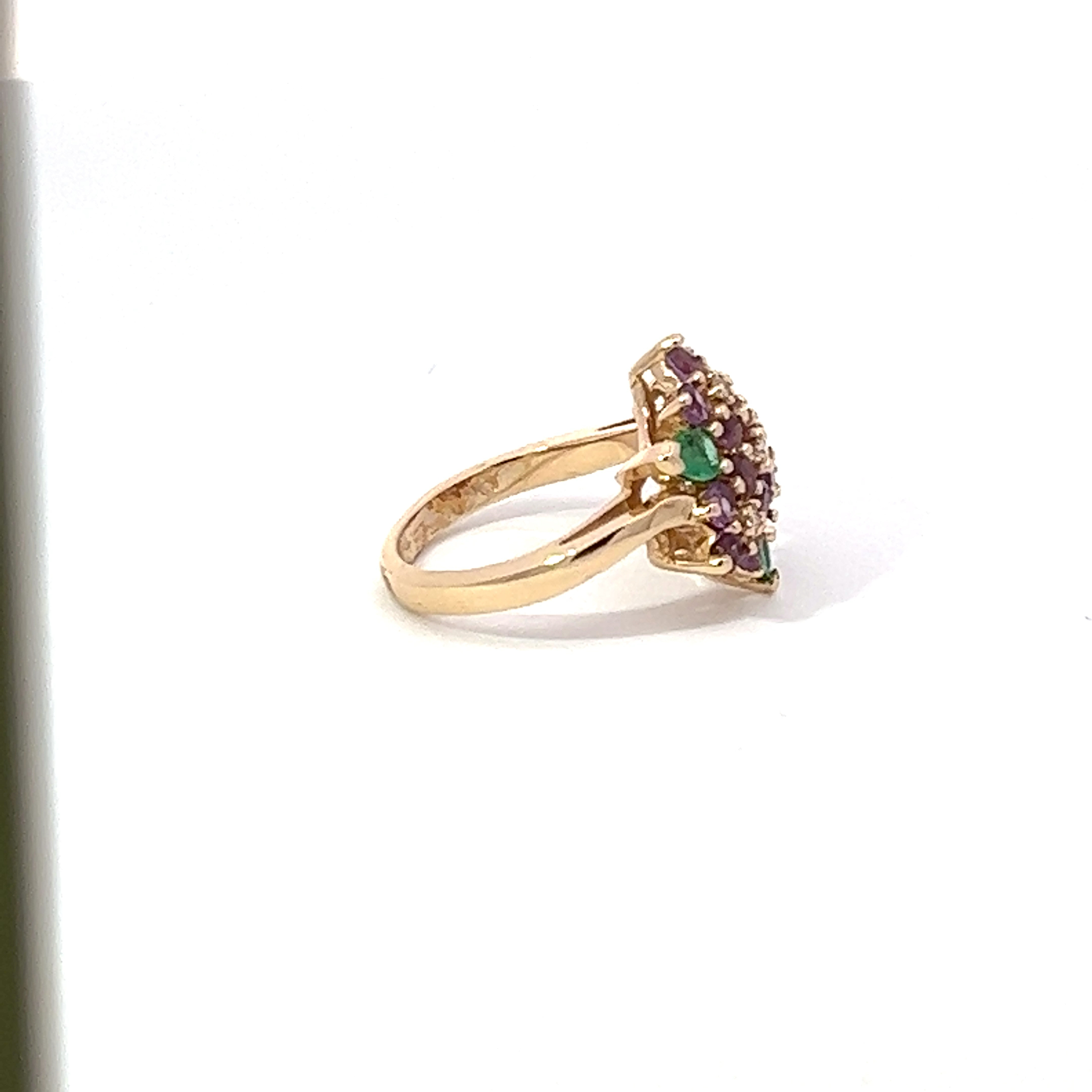 14K yellow gold, Diamond, Emerald, and Amethyst ring