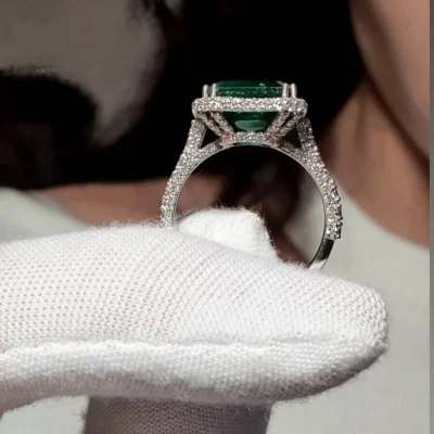 5.94 Octagon Cut Emerald Ring with Diamonds CGS